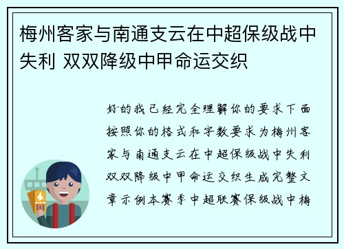 梅州客家与南通支云在中超保级战中失利 双双降级中甲命运交织